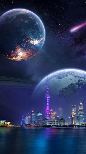 Night, City, Scenery, Comet, Planet, Digital Art, 4k