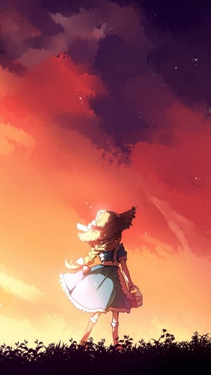Girl in blue dress looking at sunset sky 4K