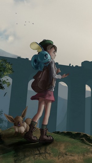Gloria with Sobble and Eevee in Pokemon Sword and Shield