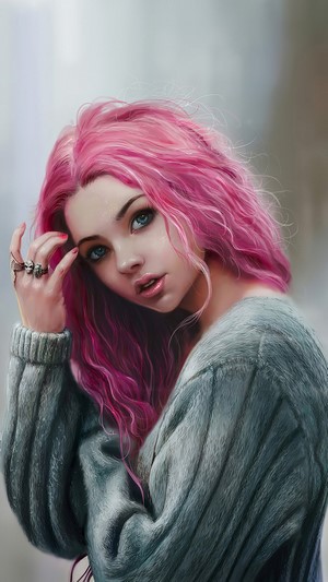 Girl with Pink Hair in a Grey Sweater