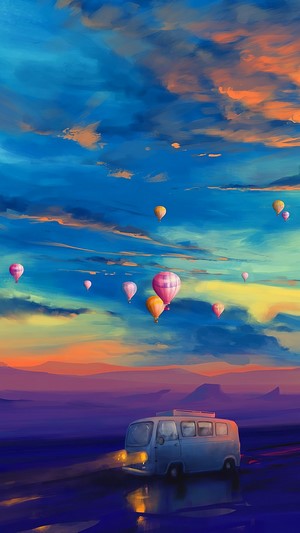Colorful, Scenery, Van, Hot Air Balloon, Illustration, Digital Art, 4k