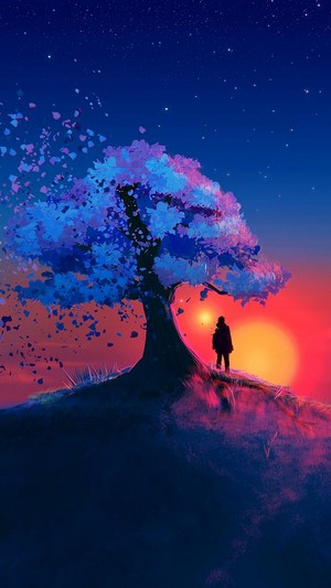 Sunset, Scenery, Landscape, Tree, Digital Art, Illustration, 4k