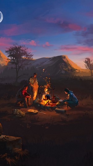 Sunset, Camping, Bonfire, Landscape, Scenery, Illustration, Digital Art, 4k