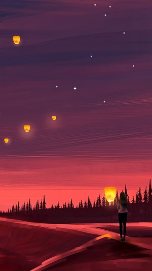 Illustration of Sky Lanterns at Sunset