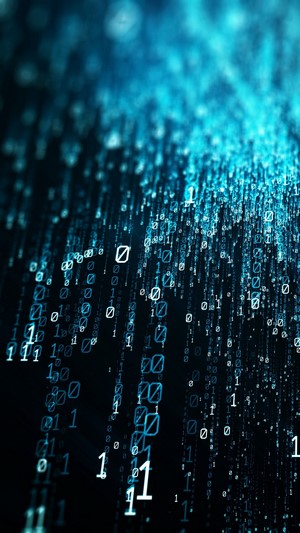 Digital binary code flowing in blue light