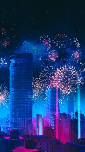 Cityscape with Fireworks and Skyscrapers