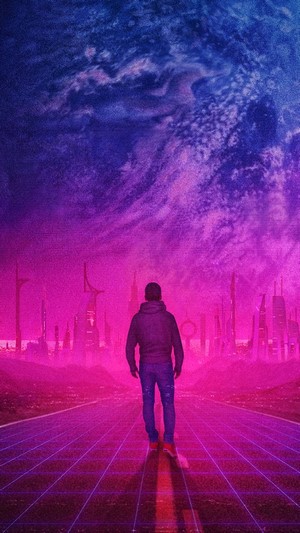 Man walking on a digital road towards a futuristic city