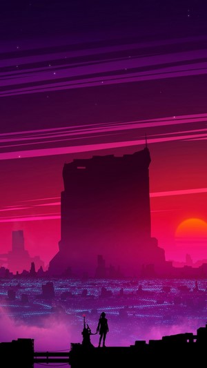 Sci-Fi city skyline at sunset with two figures