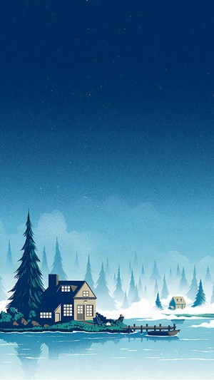 Minimalist Winter Night Landscape with House and Forest