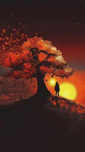 Illustration of a person under a dissolving tree at sunset