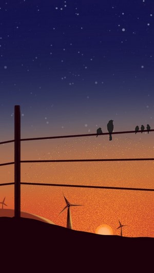 Sunset with birds on a wire and wind turbines