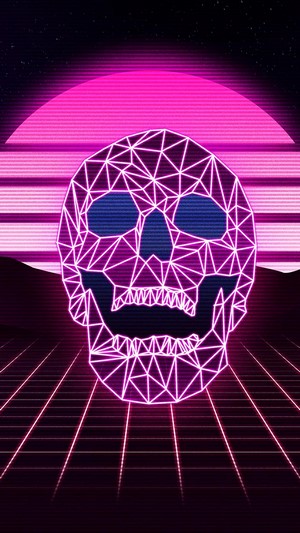 Wireframe Skull with Neon Grid and Sunset