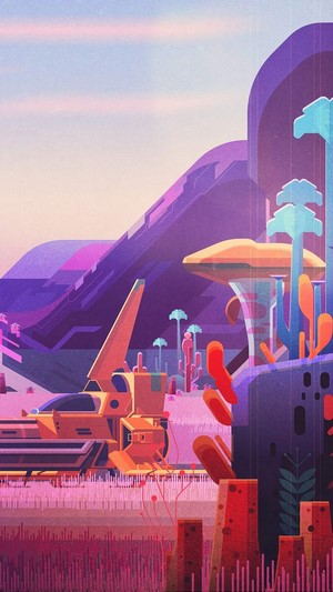 Sci-Fi landscape with spacecraft and abstract plants