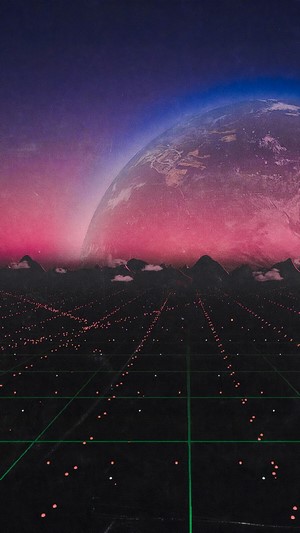 Planet over a futuristic city at sunset