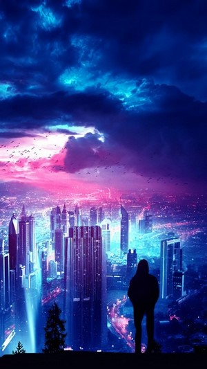 Silhouette overlooking a neon city at night