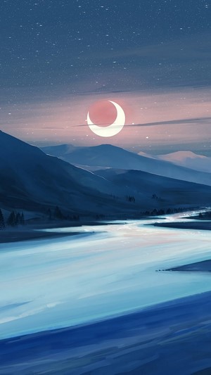 Night Landscape with Crescent Moon and Stars