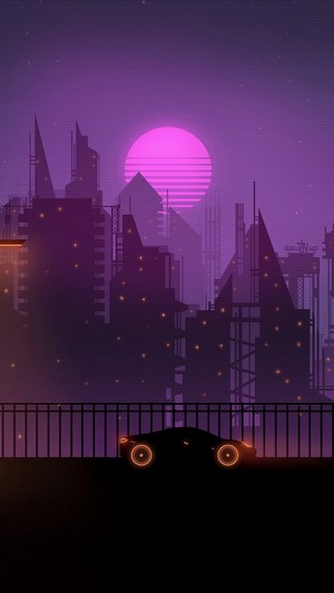 Cyberpunk Cityscape at Night with a Car