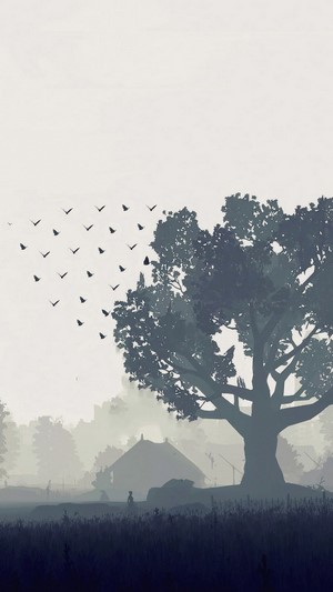 Minimalist Farm Landscape with Birds and Tree 4K