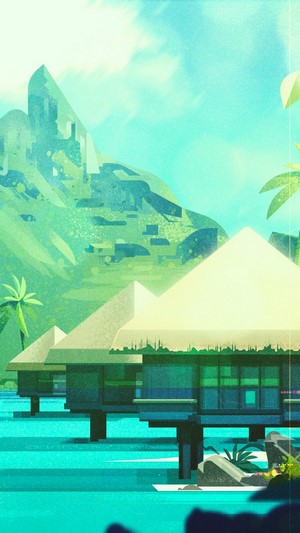 Island scenery with overwater bungalows and mountains