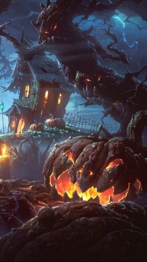 Halloween haunted house with jack-o'-lanterns and spooky trees