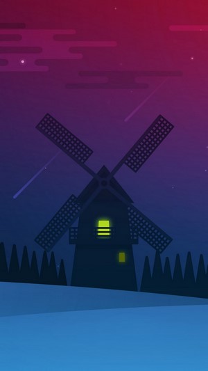 Minimalist windmill illustration at night with shooting stars