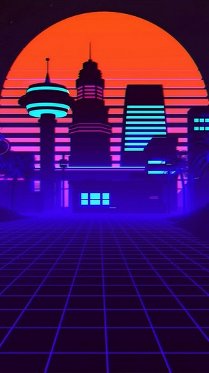 Retro Cityscape with Sunset and Grid