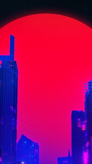 Digital Art Cityscape with Red Sun 4K