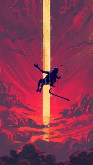 Astronaut falling through a bright light beam