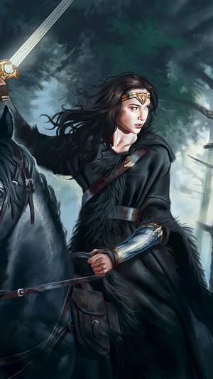 Wonder Woman riding a horse in a forest 4K