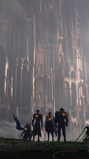Four warriors stand before a colossal gothic castle