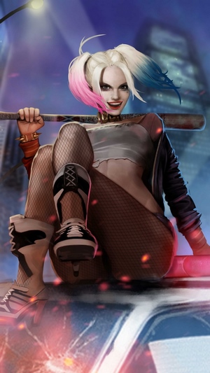 Harley Quinn with baseball bat in city at night 4K