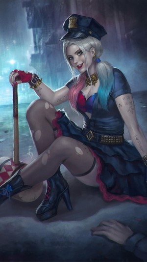 Harley Quinn in police costume with hammer