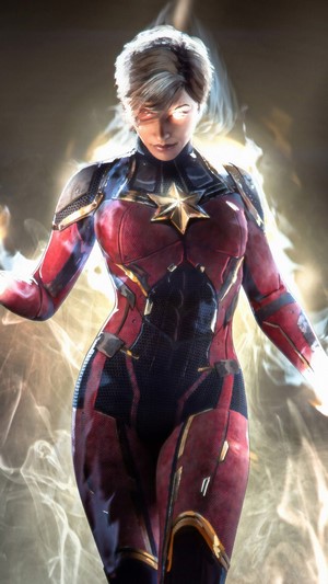Captain Marvel in her suit with glowing eyes