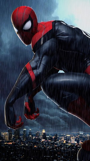 Spider-Man in the Rain over a Cityscape 4K