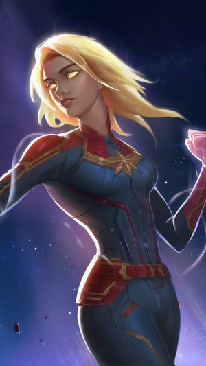 Captain Marvel in a blue and red suit