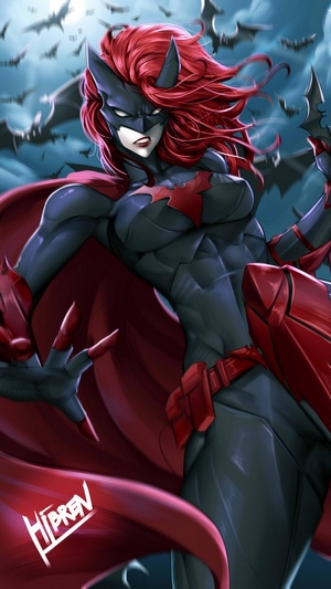 Batwoman in a dark, bat-filled sky