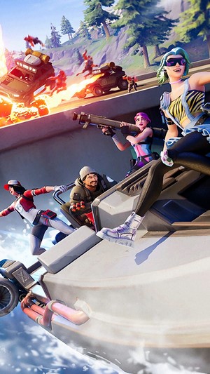 Fortnite characters in a motorboat battle