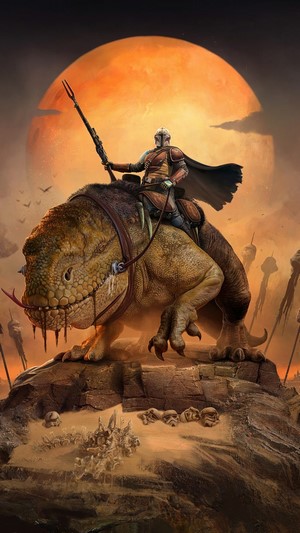 The Mandalorian on a creature with a large moon