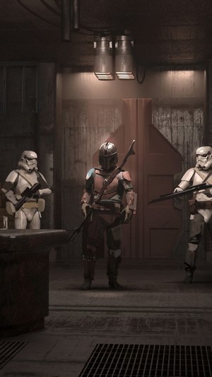 The Mandalorian and Stormtroopers in a room
