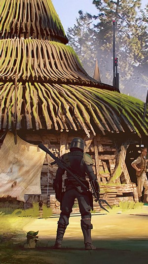 The Mandalorian and Grogu in a village
