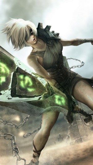 Riven from LoL wielding a broken sword