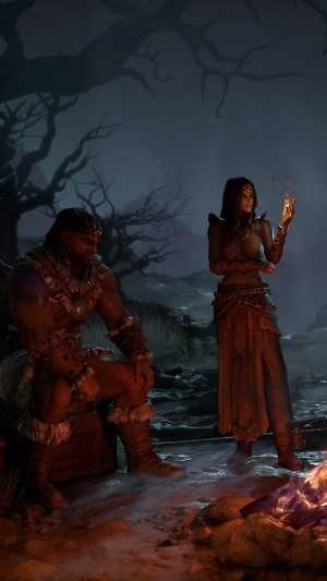 Diablo 4 characters by a campfire