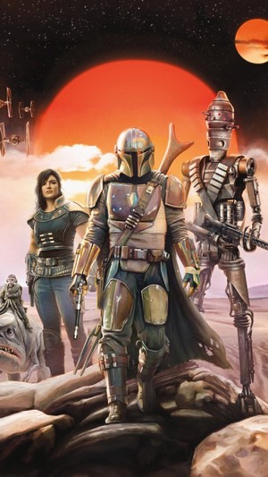 The Mandalorian and allies on a desert planet