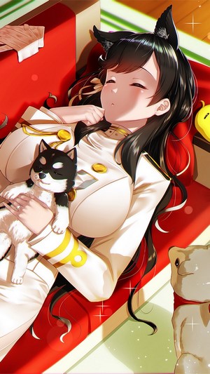 Takao from Azur Lane sleeping with a dog plushie
