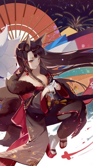 Kaga from Azur Lane with fox ears and tail