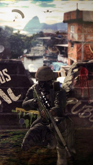 Soldier with sniper rifle in favela, Brazil