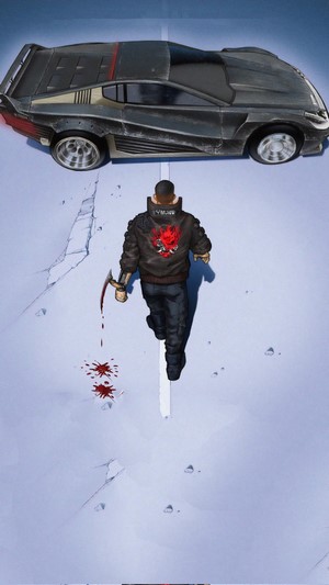 V from Cyberpunk 2077 with Samurai jacket and car