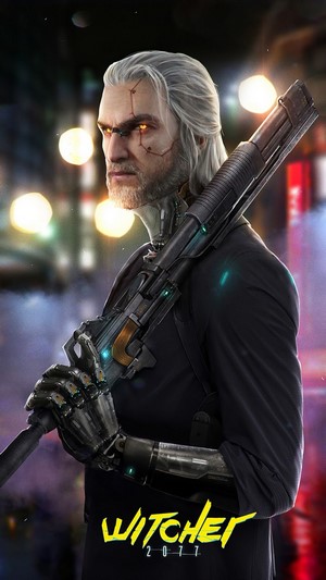 Geralt from The Witcher in Cyberpunk 2077 style