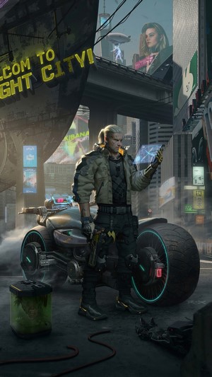 Cyberpunk 2077 character with motorcycle in city 4K
