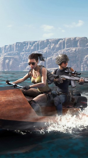 PUBG characters on a jet ski with rifle
